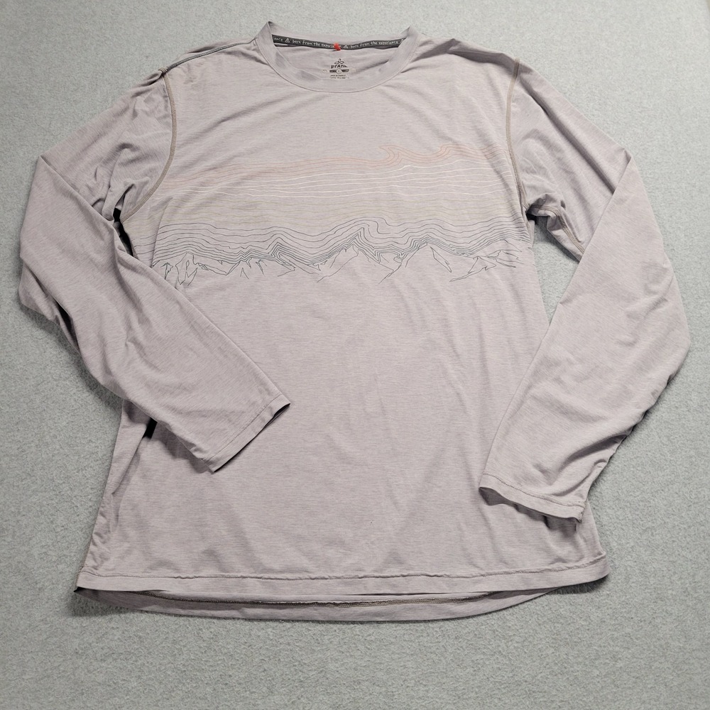Prana Mens Long Sleeve Graphic Tee Mountain Wave Heather Purple L Hiking Shirt